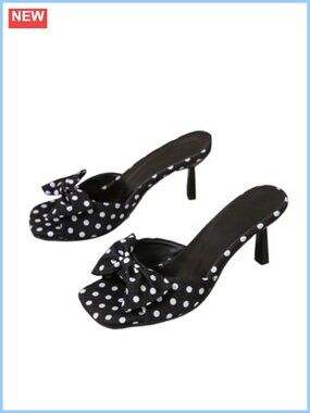 Polka Dot Bow Heeled Sandals Square Open Toe Slip On